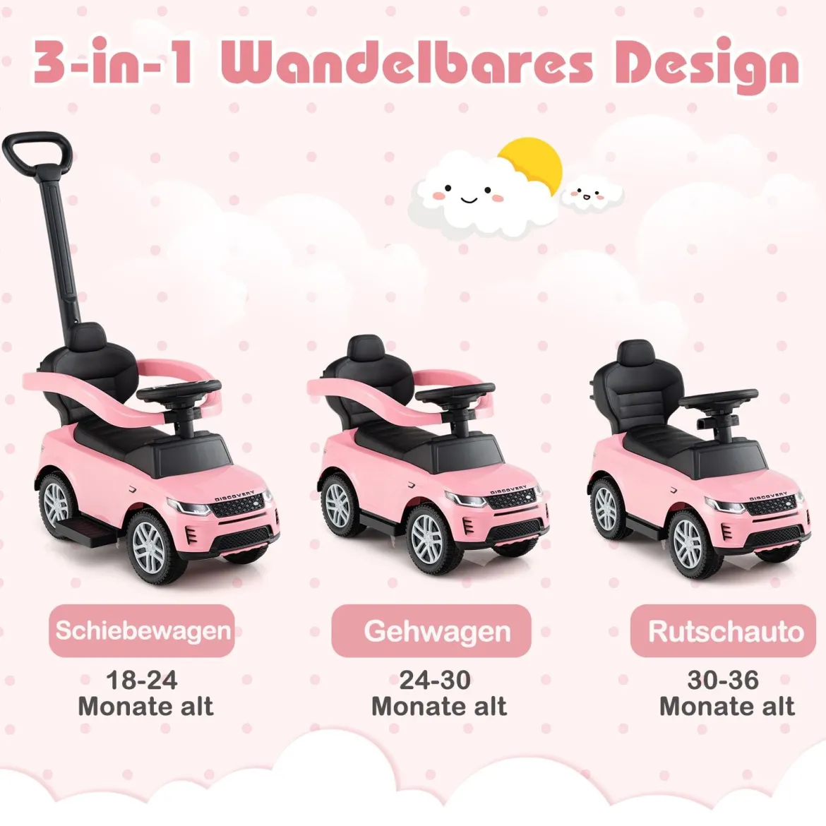 3-in-1 Rutschauto mit Schiebestange Rutschfahrzeug mit Abnehmbarem Griff Rutscher Auto Rosa