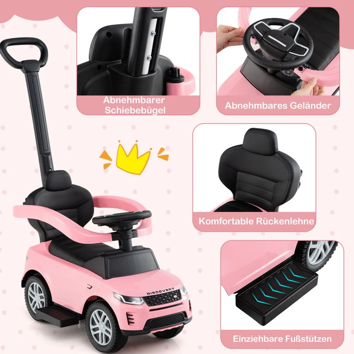 3-in-1 Rutschauto mit Schiebestange Rutschfahrzeug mit Abnehmbarem Griff Rutscher Auto Rosa