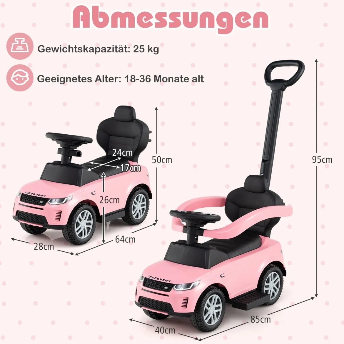 3-in-1 Rutschauto mit Schiebestange Rutschfahrzeug mit Abnehmbarem Griff Rutscher Auto Rosa