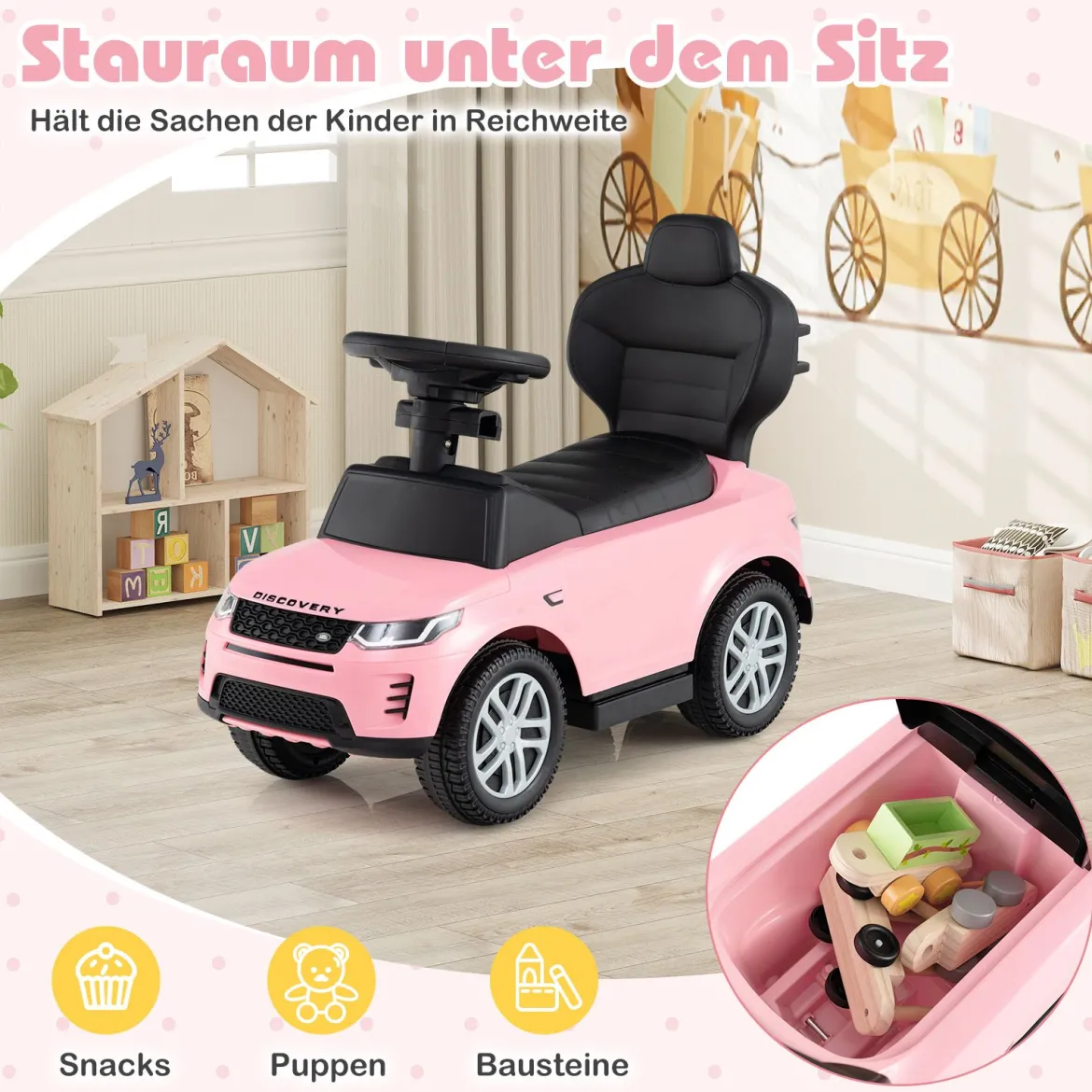 3-in-1 Rutschauto mit Schiebestange Rutschfahrzeug mit Abnehmbarem Griff Rutscher Auto Rosa
