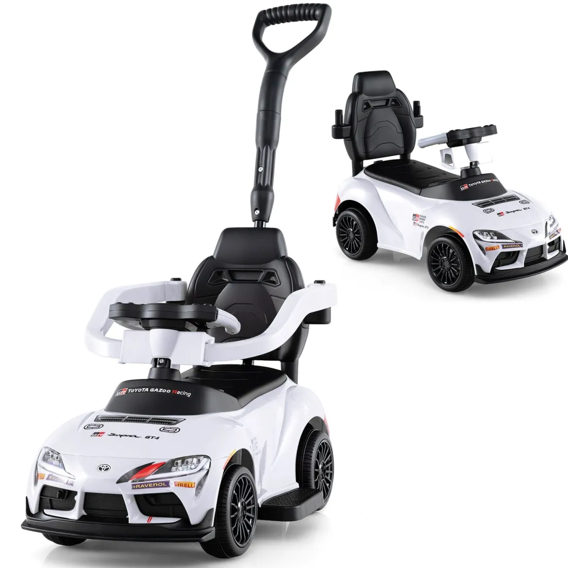 3 in 1 Rutschauto mit Schiebestange Schiebeauto mit Stauraum unter dem Sitz & Schutzbügel Weiß