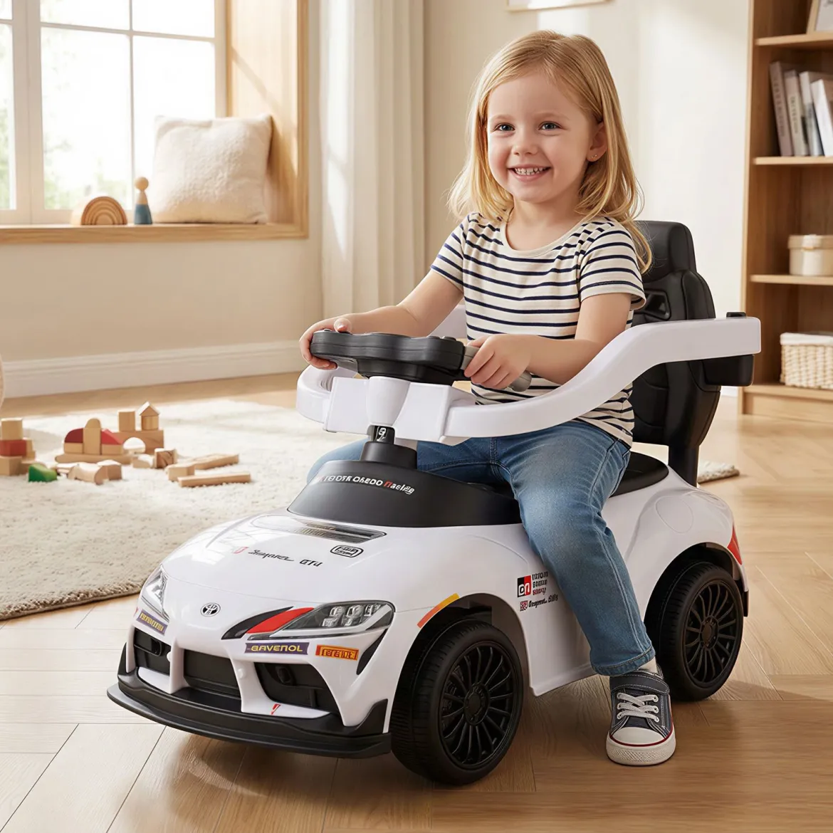 3 in 1 Rutschauto mit Schiebestange Schiebeauto mit Stauraum unter dem Sitz & Schutzbügel Weiß