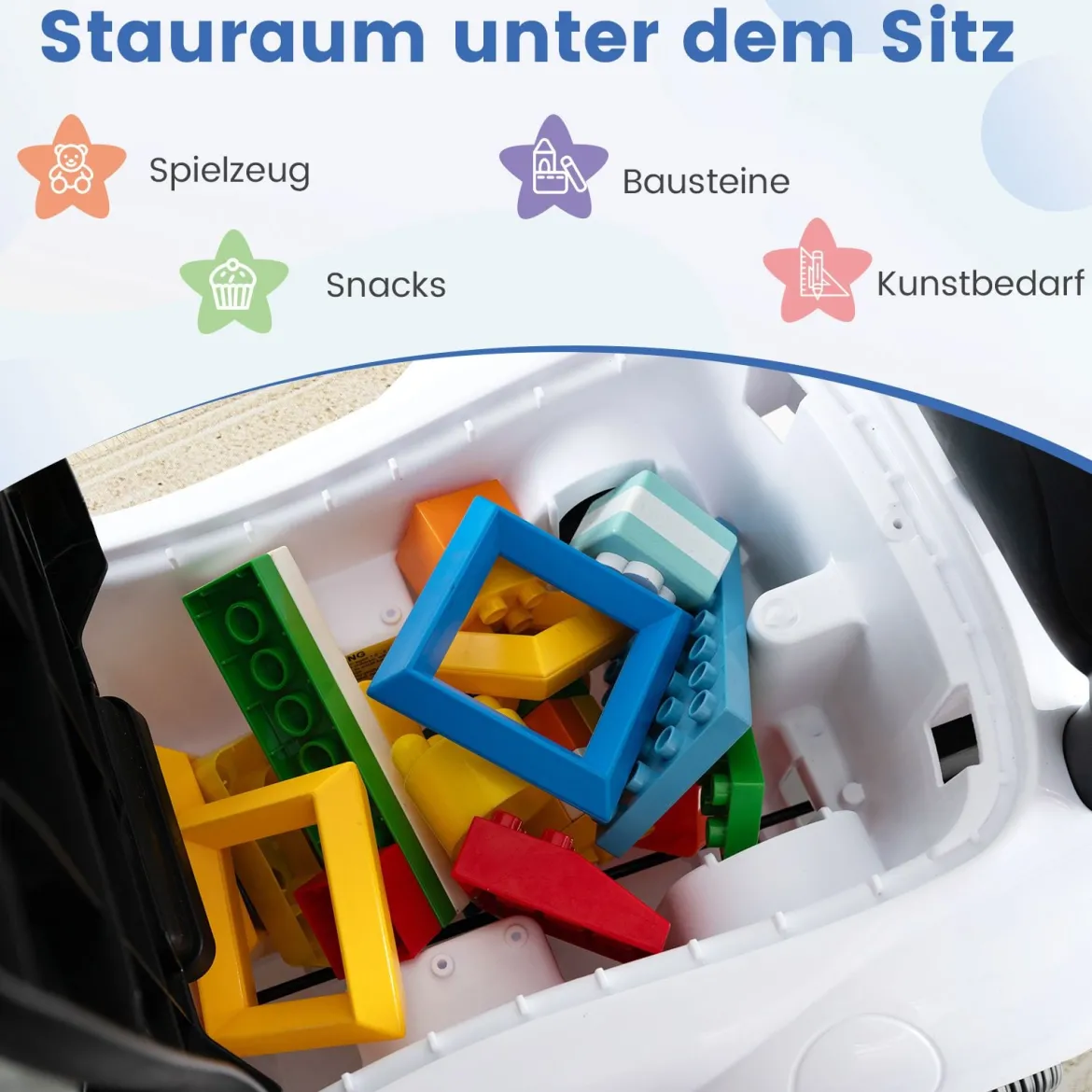 3 in 1 Rutschauto mit Schiebestange Schiebeauto mit Stauraum unter dem Sitz & Schutzbügel Weiß