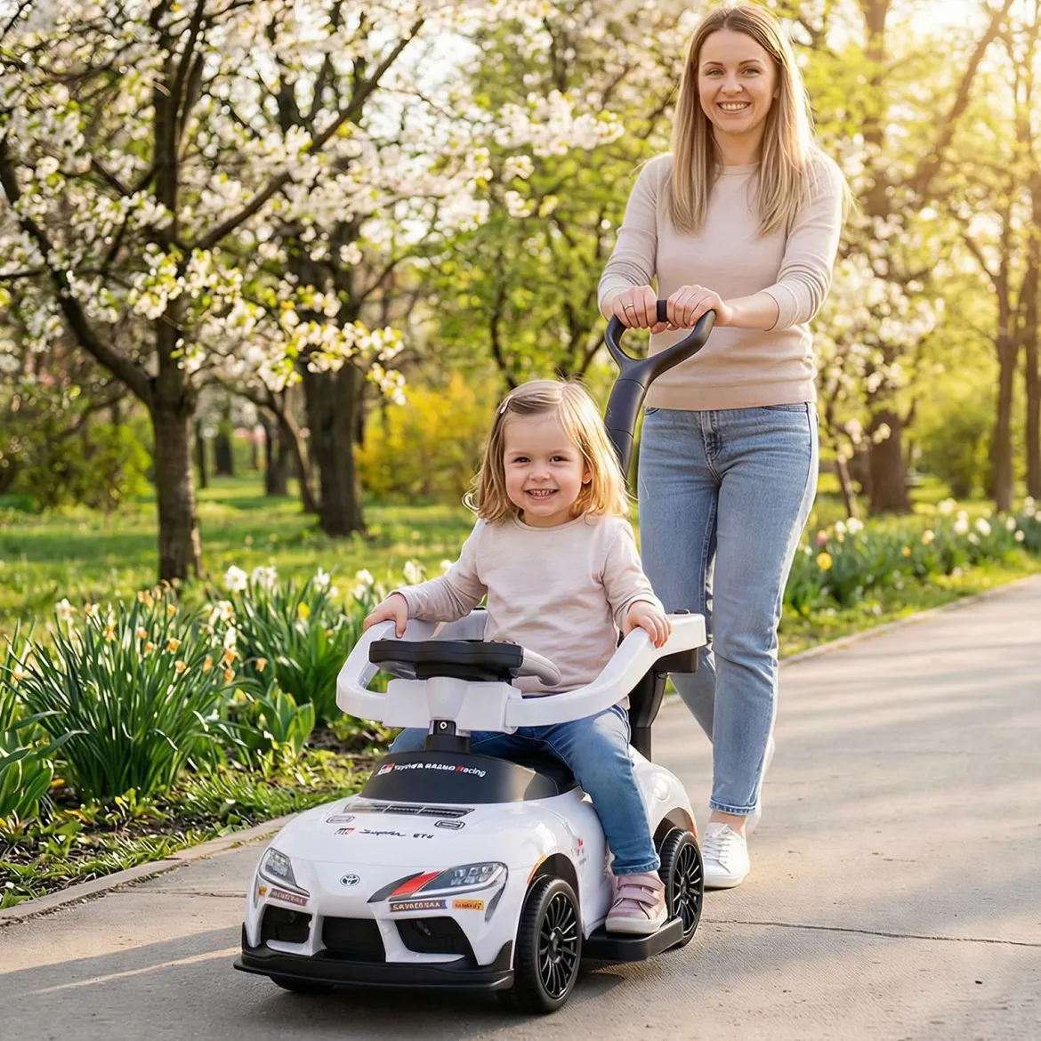 3 in 1 Rutschauto mit Schiebestange Schiebeauto mit Stauraum unter dem Sitz & Schutzbügel Weiß