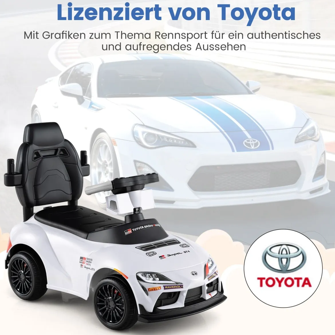 3 in 1 Rutschauto mit Schiebestange Schiebeauto mit Stauraum unter dem Sitz & Schutzbügel Weiß
