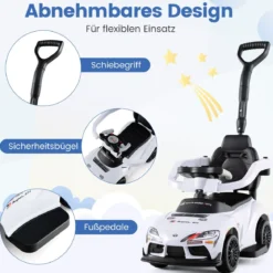 3 in 1 Rutschauto mit Schiebestange Schiebeauto mit Stauraum unter dem Sitz & Schutzbügel Weiß