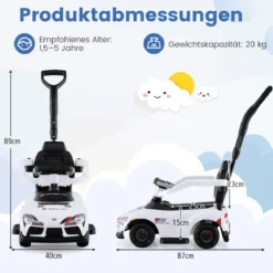 3 in 1 Rutschauto mit Schiebestange Schiebeauto mit Stauraum unter dem Sitz & Schutzbügel Weiß