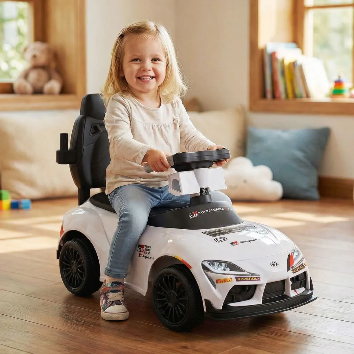 3 in 1 Rutschauto mit Schiebestange Schiebeauto mit Stauraum unter dem Sitz & Schutzbügel Weiß
