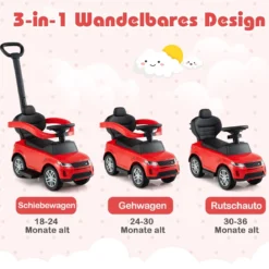 3-in-1 Rutschauto mit Schiebestange Rutschfahrzeug mit Abnehmbarem Griff Rutscher Auto Rot