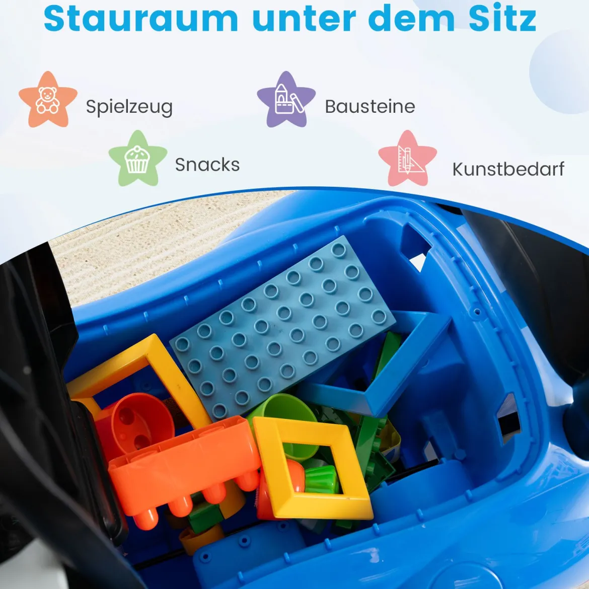3 in 1 Rutschauto mit Schiebestange Schiebeauto mit Schutzbügel & Stauraum unter dem Sitz Blau