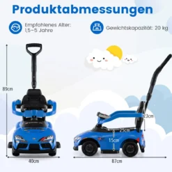 3 in 1 Rutschauto mit Schiebestange Schiebeauto mit Schutzbügel & Stauraum unter dem Sitz Blau