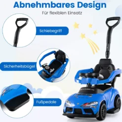 3 in 1 Rutschauto mit Schiebestange Schiebeauto mit Schutzbügel & Stauraum unter dem Sitz Blau