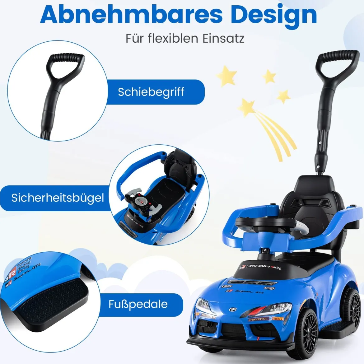3 in 1 Rutschauto mit Schiebestange Schiebeauto mit Schutzbügel & Stauraum unter dem Sitz Blau