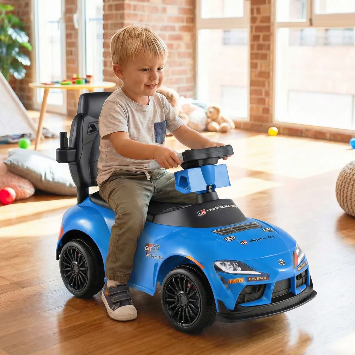 3 in 1 Rutschauto mit Schiebestange Schiebeauto mit Schutzbügel & Stauraum unter dem Sitz Blau