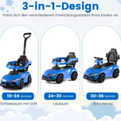 3 in 1 Rutschauto mit Schiebestange Schiebeauto mit Schutzbügel & Stauraum unter dem Sitz Blau