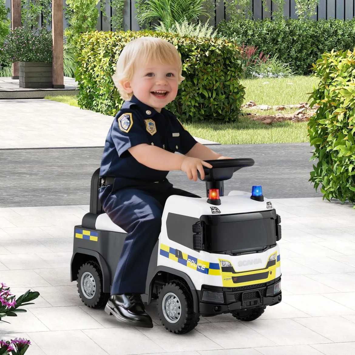 2 in 1 Rutschauto Polizeiauto mit Lenkrad & Stauraum Rutscher Auto Schiebeauto Weiß