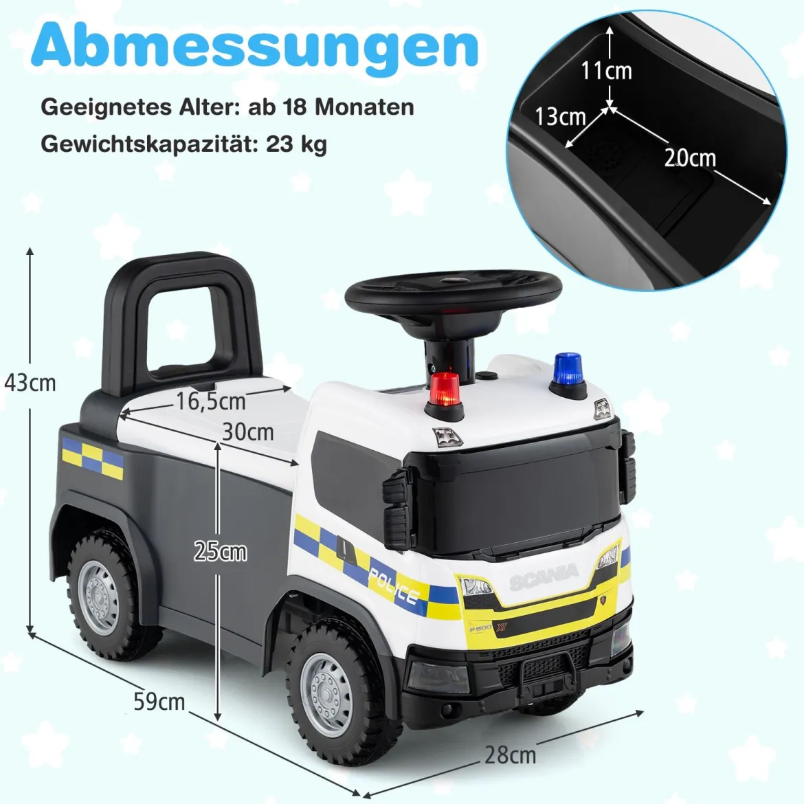 2 in 1 Rutschauto Polizeiauto mit Lenkrad & Stauraum Rutscher Auto Schiebeauto Weiß