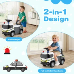 2 in 1 Rutschauto Polizeiauto mit Lenkrad & Stauraum Rutscher Auto Schiebeauto Weiß