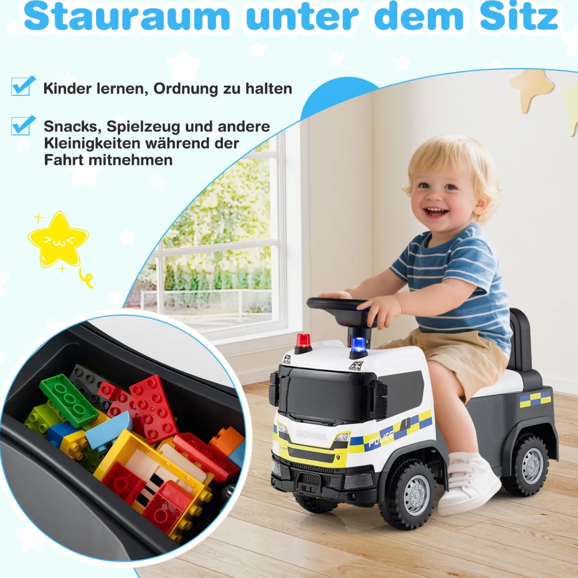 2 in 1 Rutschauto Polizeiauto mit Lenkrad & Stauraum Rutscher Auto Schiebeauto Weiß