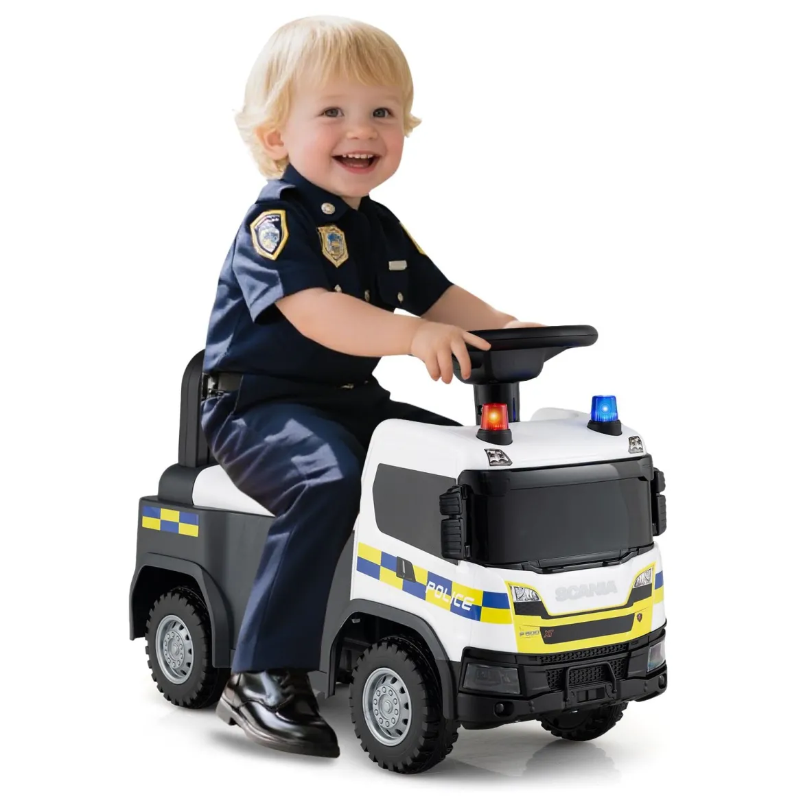 2 in 1 Rutschauto Polizeiauto mit Lenkrad & Stauraum Rutscher Auto Schiebeauto Weiß