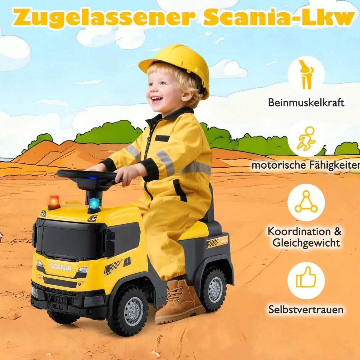 2 in 1 Rutschauto Polizeiauto mit Lenkrad & Stauraum Rutscher Auto Schiebeauto Gelb