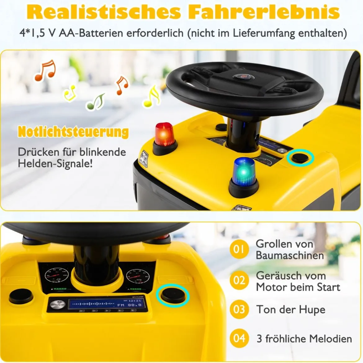 2 in 1 Rutschauto Polizeiauto mit Lenkrad & Stauraum Rutscher Auto Schiebeauto Gelb