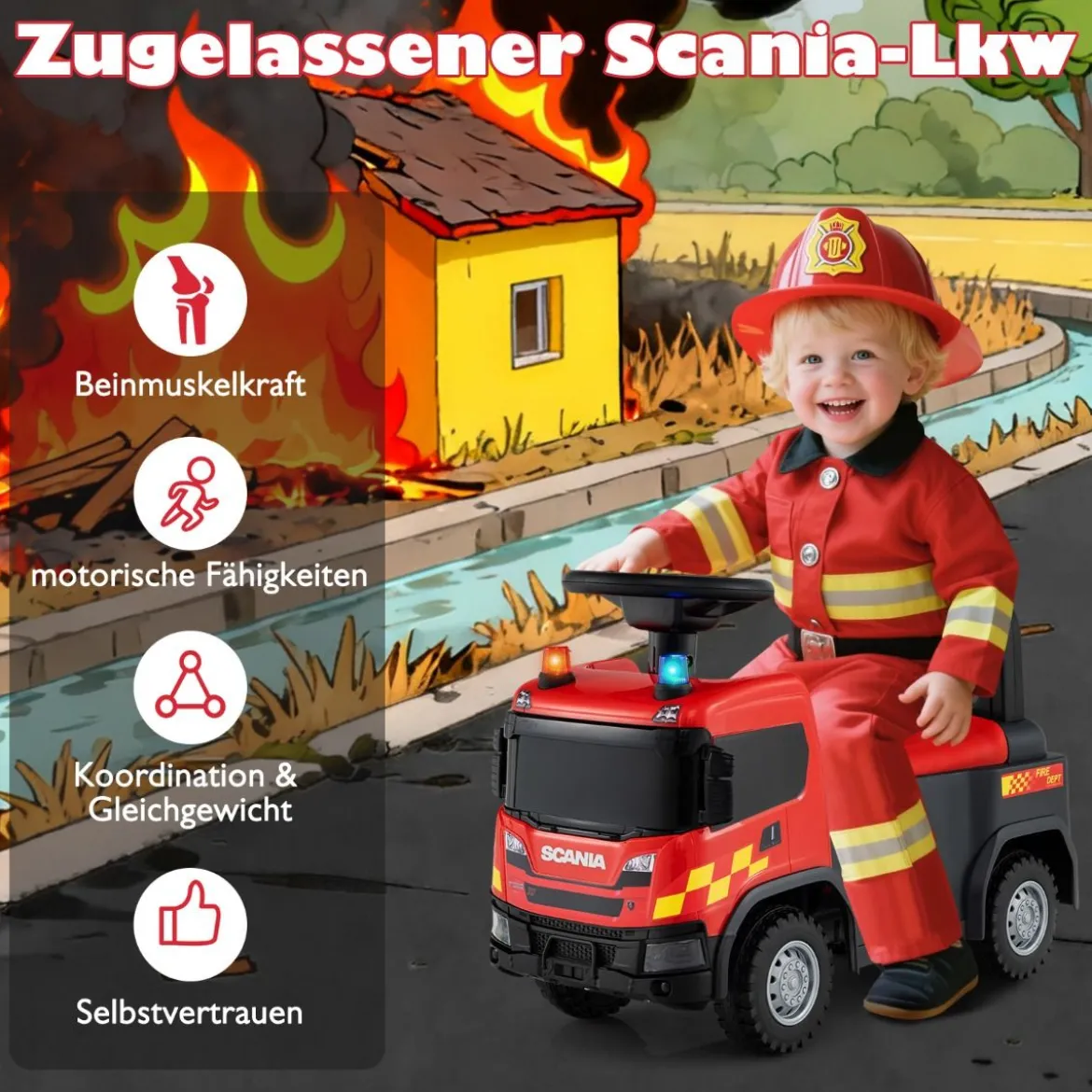 2 in 1 Rutschauto Polizeiauto mit Lenkrad & Stauraum Rutscher Auto Schiebeauto Rot