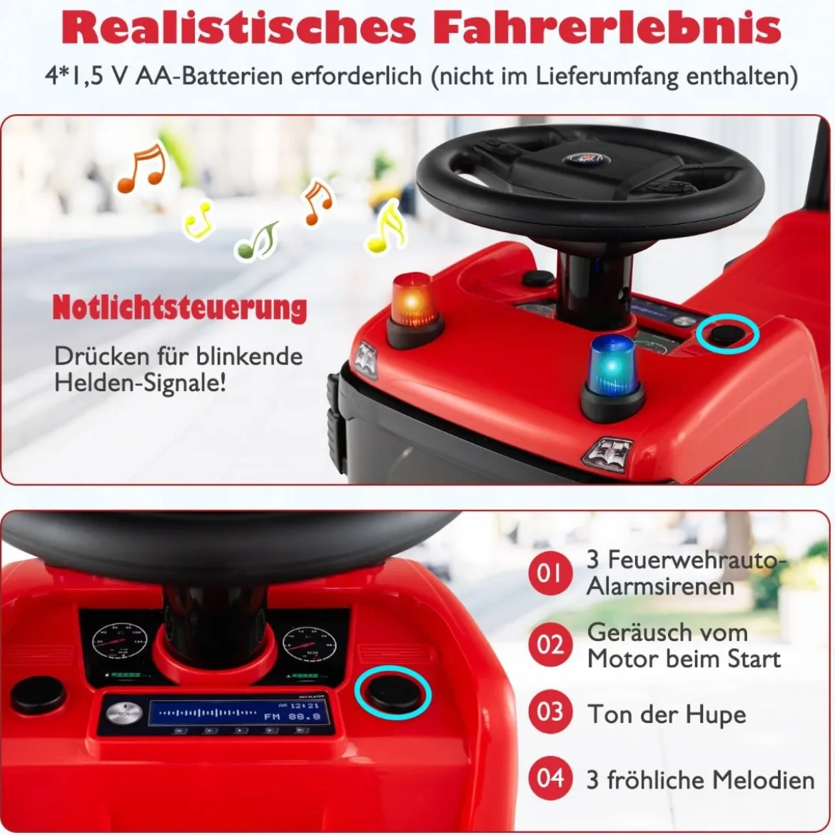 2 in 1 Rutschauto Polizeiauto mit Lenkrad & Stauraum Rutscher Auto Schiebeauto Rot