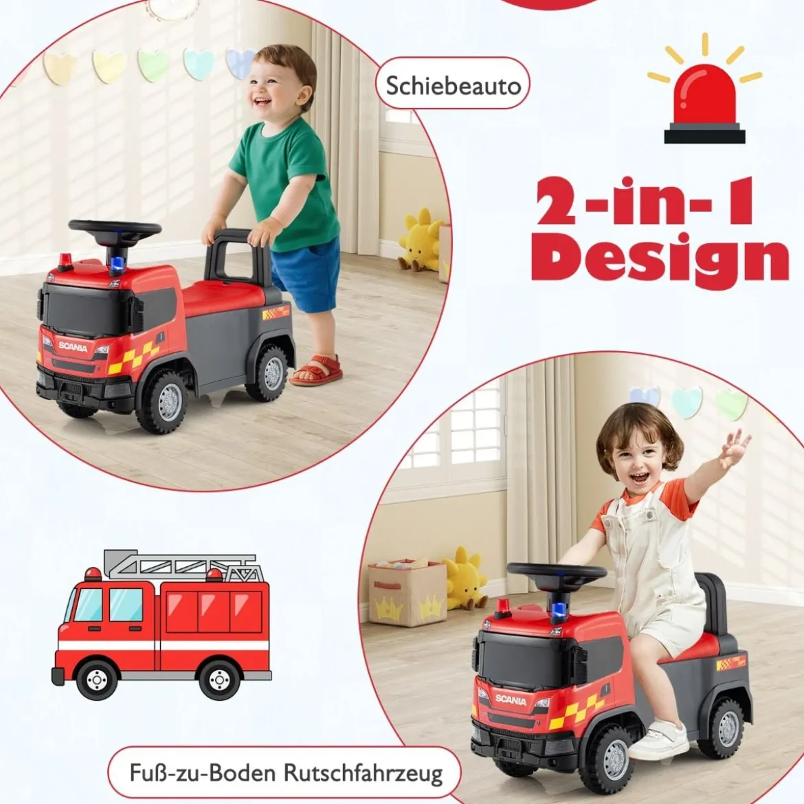 2 in 1 Rutschauto Polizeiauto mit Lenkrad & Stauraum Rutscher Auto Schiebeauto Rot