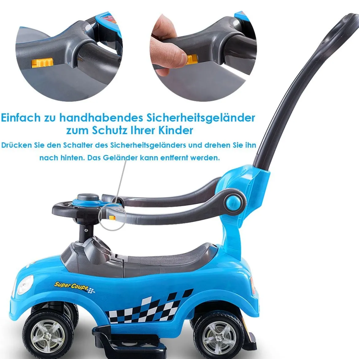 3 in 1 Rutschauto Schiebeauto mit Abnehmbarem Schiebgriff & Schutzbügel Blau
