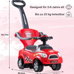 3 in 1 Rutschauto Schiebeauto mit Abnehmbarem Schiebgriff & Schutzbügel Rot