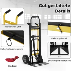 3 in 1 Sackkarre mit 4 Gummireifen & Bindeseil Handwagen Transportkarre bis zu 360KG / 450KG Belastbar