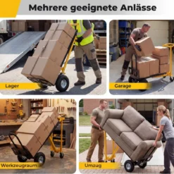 3 in 1 Sackkarre & Transportwagen Klappbarer Handwagen mit Luftbereifung & Gummirädern Gelb