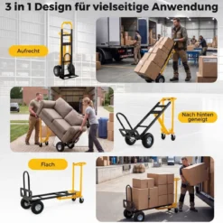 3 in 1 Sackkarre & Transportwagen Klappbarer Handwagen mit Luftbereifung & Gummirädern Gelb