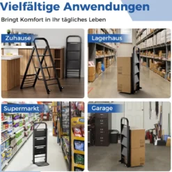 2 in 1 Sackkarre & Trittleiter Klappbare 2 Räder Handwagen Metall Transportkarre Schwarz