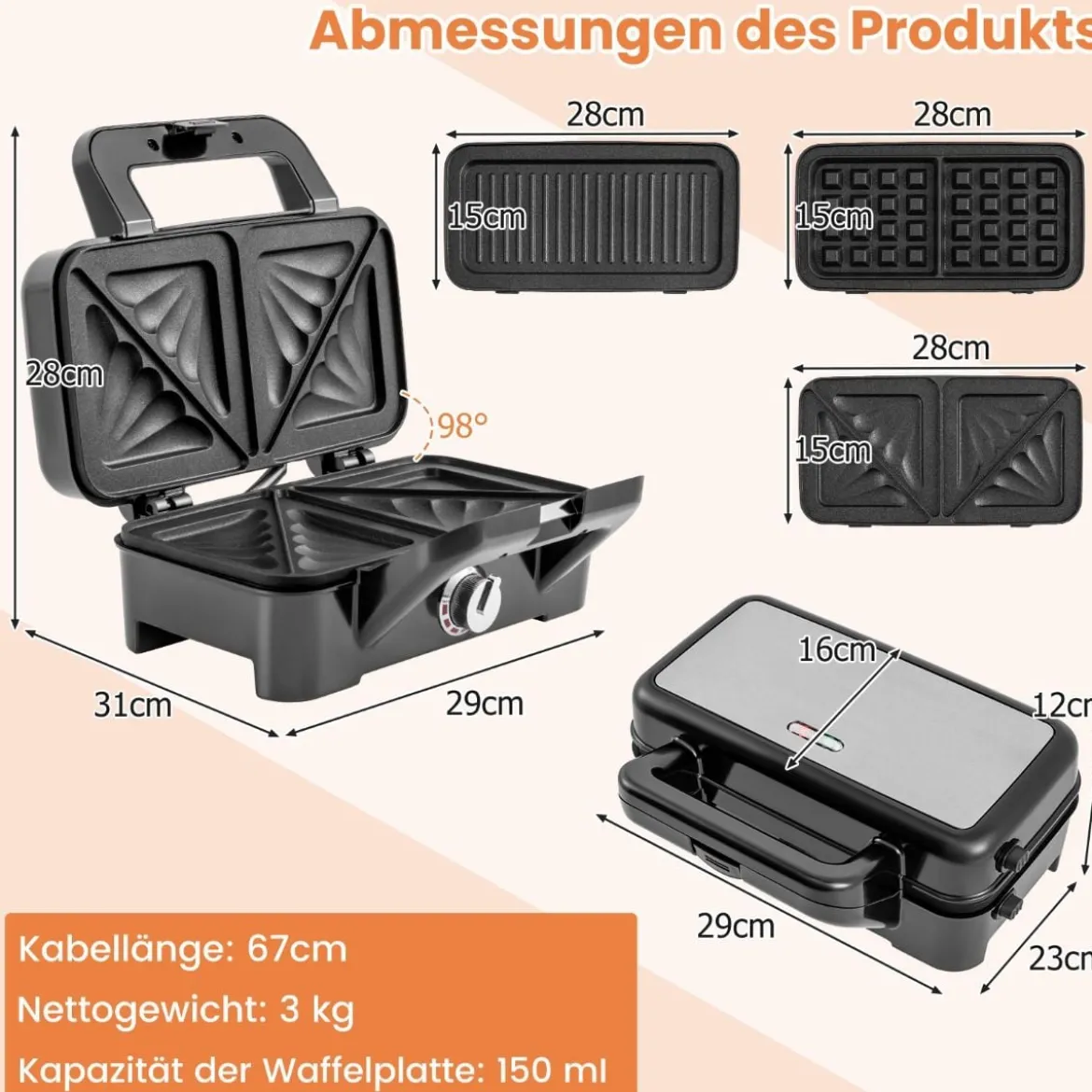 3-in-1-Sandwichmaker elektrischer Panini-Pressgrill mit abnehmbaren Antihaft-Platten