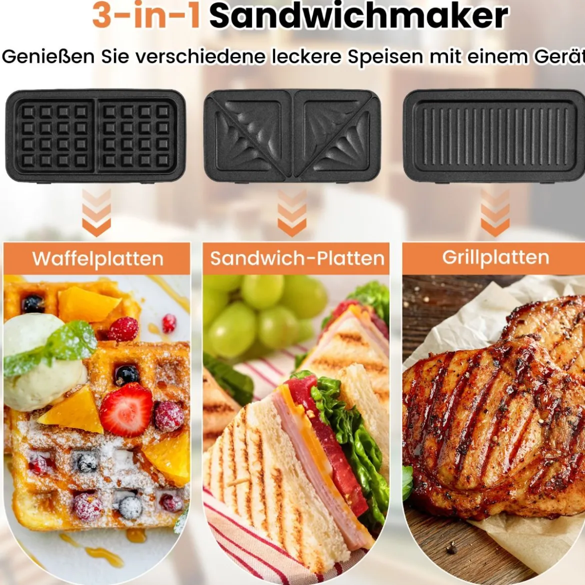 3-in-1-Sandwichmaker elektrischer Panini-Pressgrill mit abnehmbaren Antihaft-Platten