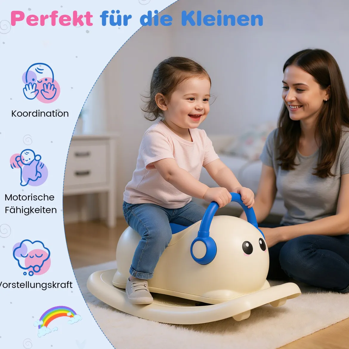 3-in-1 Schaukelpferd für Kleinkinder im Alter von 1-3 Jahren Rutschauto-Spielzeug mit verstecktem Stauraum Weiß