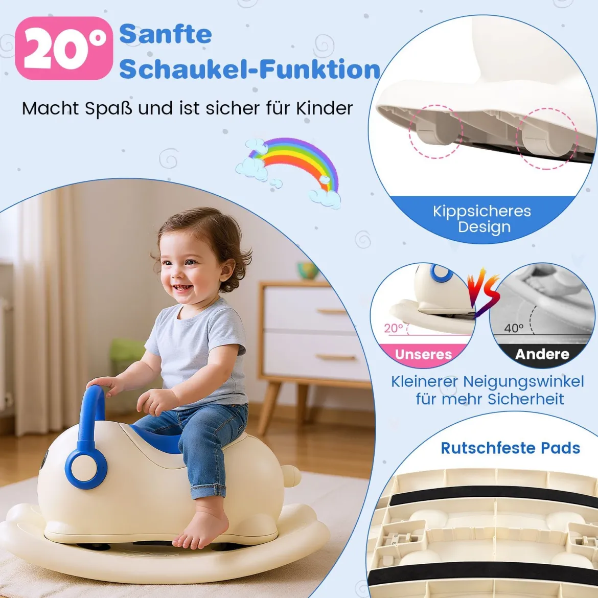 3-in-1 Schaukelpferd für Kleinkinder im Alter von 1-3 Jahren Rutschauto-Spielzeug mit verstecktem Stauraum Weiß