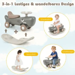 3 in 1 Schaukelpferd in Haiform mit Abnehmbarem Balance-Board & Rutschauto Dunkelgrau