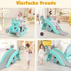 4-in-1 Schaukelpferd & Rutsche Schaukelpferd-Rutsche mit Basketballkorb & Ringwurfspiel Blau