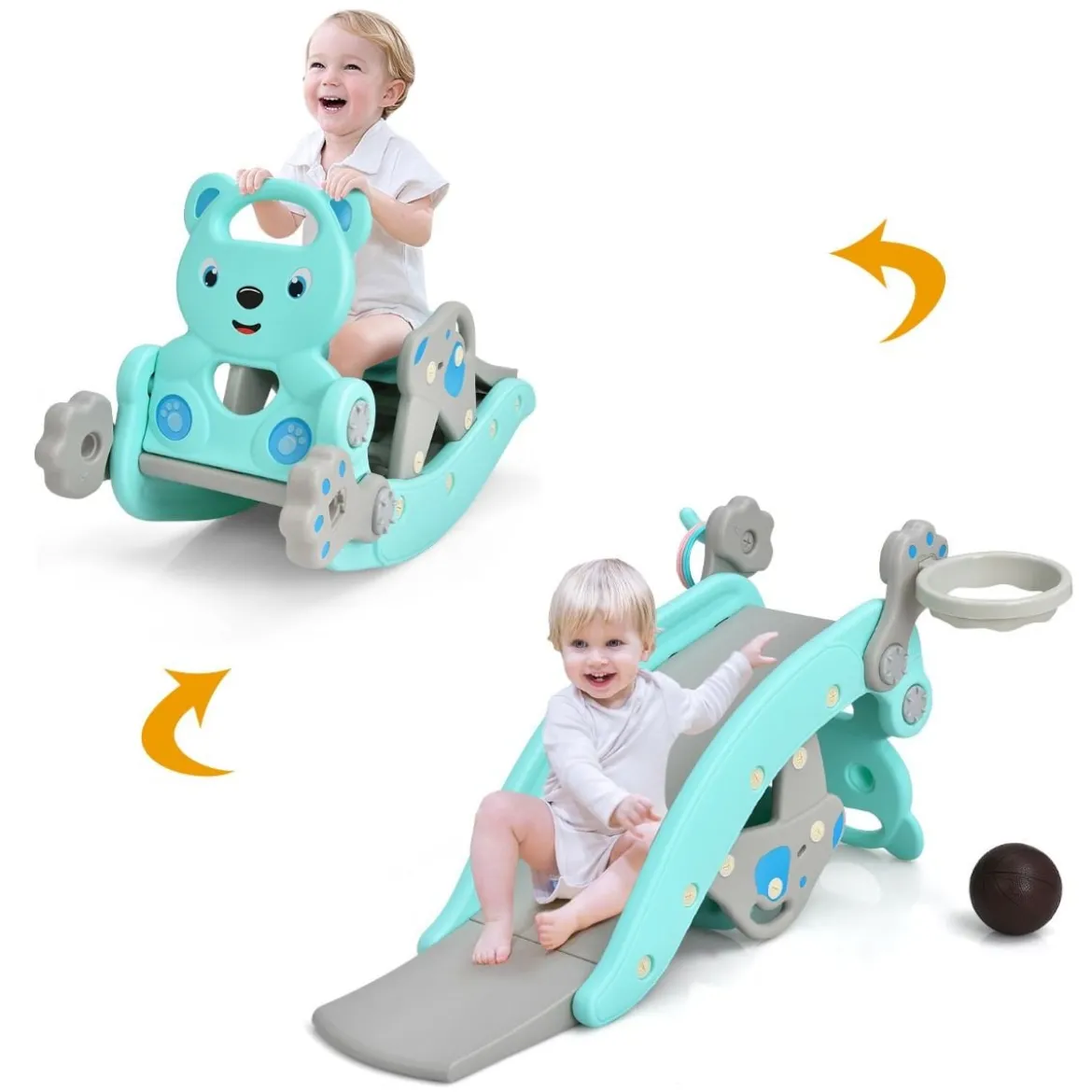 4-in-1 Schaukelpferd & Rutsche Schaukelpferd-Rutsche mit Basketballkorb & Ringwurfspiel Blau