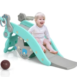 4-in-1 Schaukelpferd & Rutsche Schaukelpferd-Rutsche mit Basketballkorb & Ringwurfspiel Blau