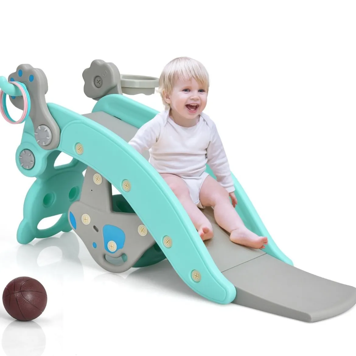 4-in-1 Schaukelpferd & Rutsche Schaukelpferd-Rutsche mit Basketballkorb & Ringwurfspiel Blau