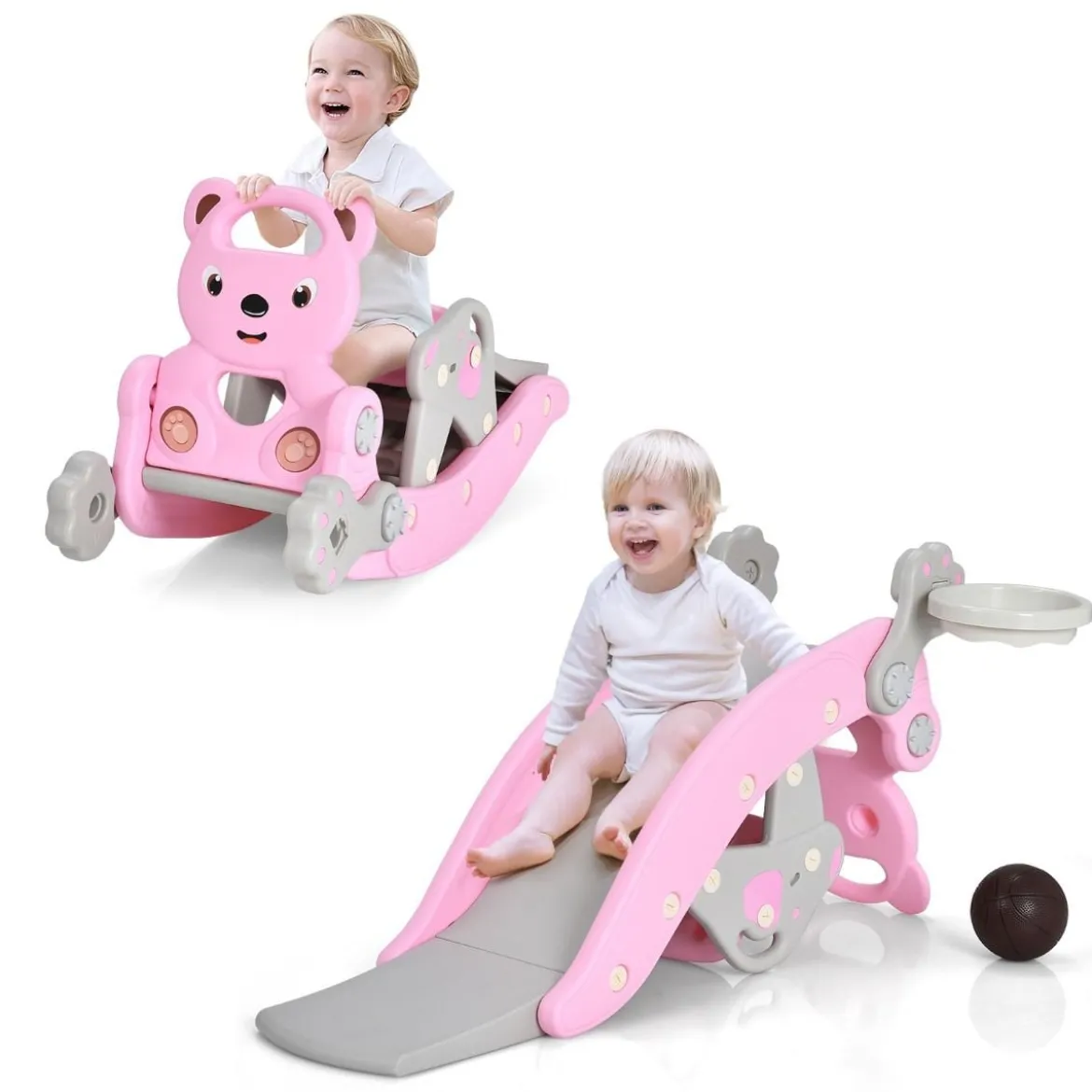 4-in-1 Schaukelpferd & Rutsche Schaukelpferd-Rutsche mit Basketballkorb & Ringwurfspiel Rosa