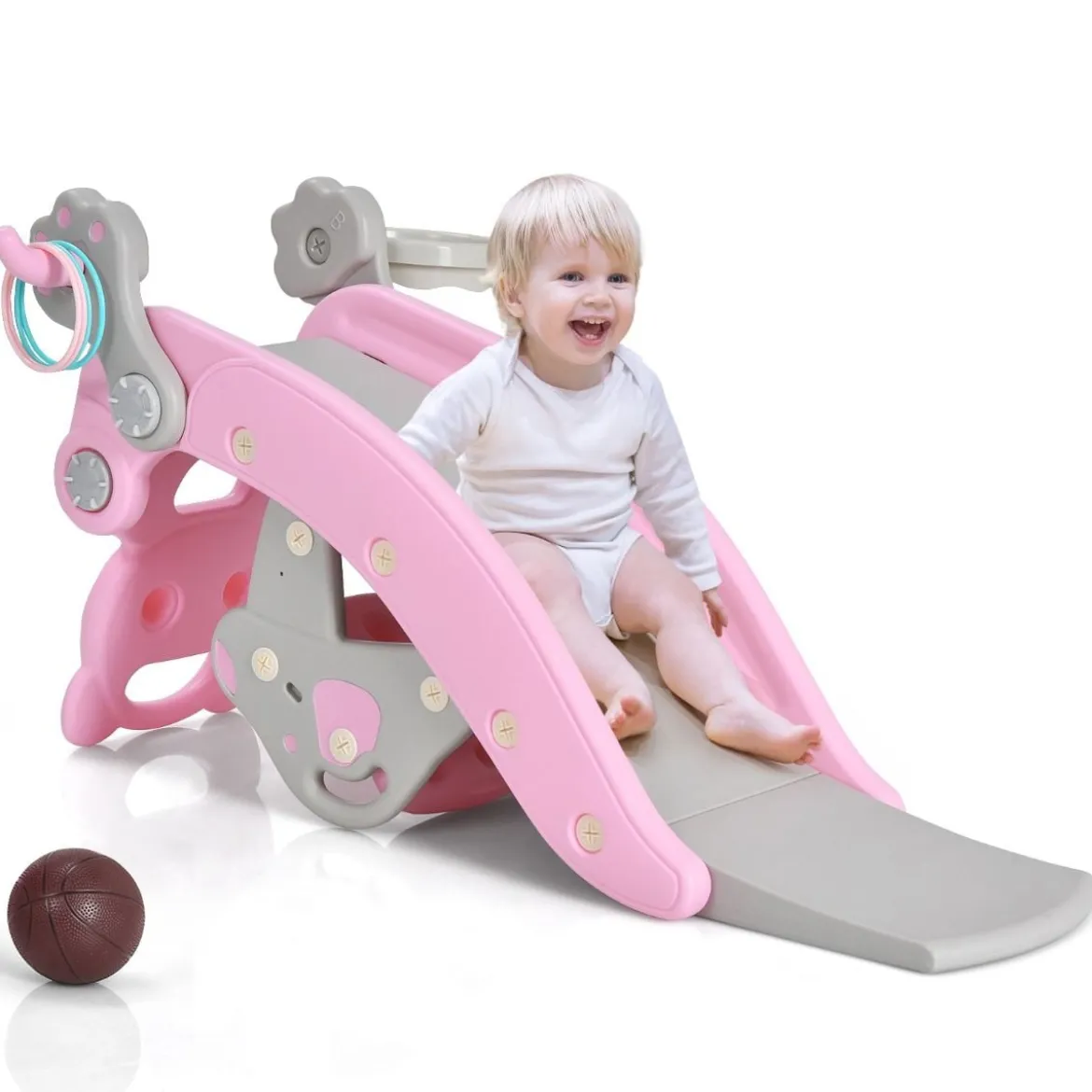 4-in-1 Schaukelpferd & Rutsche Schaukelpferd-Rutsche mit Basketballkorb & Ringwurfspiel Rosa