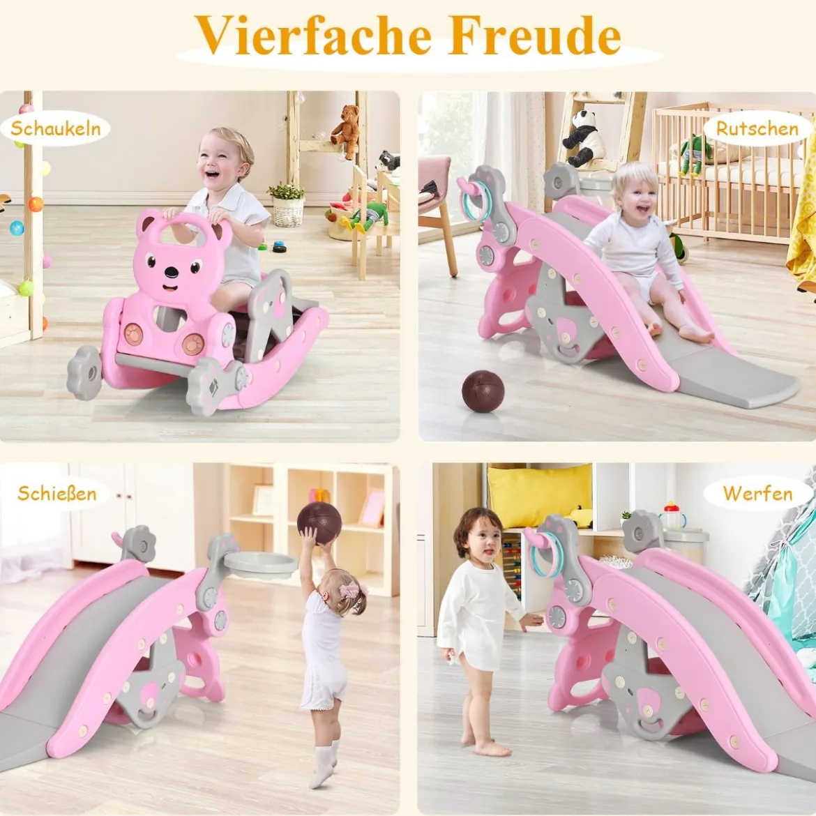 4-in-1 Schaukelpferd & Rutsche Schaukelpferd-Rutsche mit Basketballkorb & Ringwurfspiel Rosa