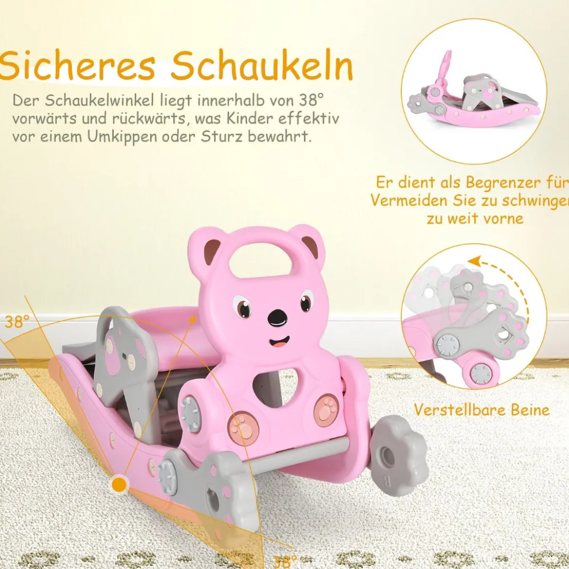 4-in-1 Schaukelpferd & Rutsche Schaukelpferd-Rutsche mit Basketballkorb & Ringwurfspiel Rosa