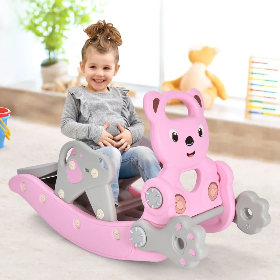 4-in-1 Schaukelpferd & Rutsche Schaukelpferd-Rutsche mit Basketballkorb & Ringwurfspiel Rosa