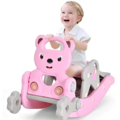 4-in-1 Schaukelpferd & Rutsche Schaukelpferd-Rutsche mit Basketballkorb & Ringwurfspiel Rosa